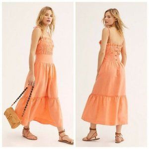 Free People Late Checkout Midi Dress Ruffle Smocked XS